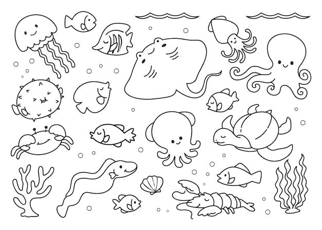Desenhos animados animais marinhos estilo doodle