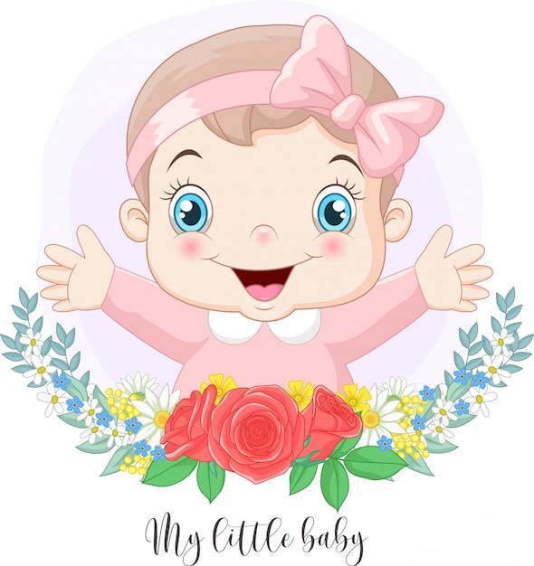 Vetor desenhos animados bebê menina bonitinha com fundo de flores