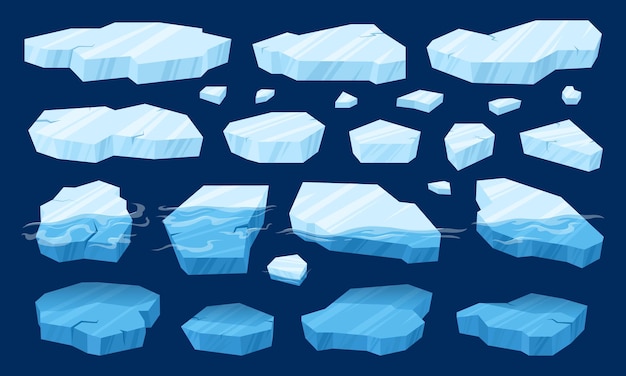 Desenhos animados blocos árticos congelados de gelo flutuante de geleiras de gelo e icebergs ilustrações de símbolos vetoriais