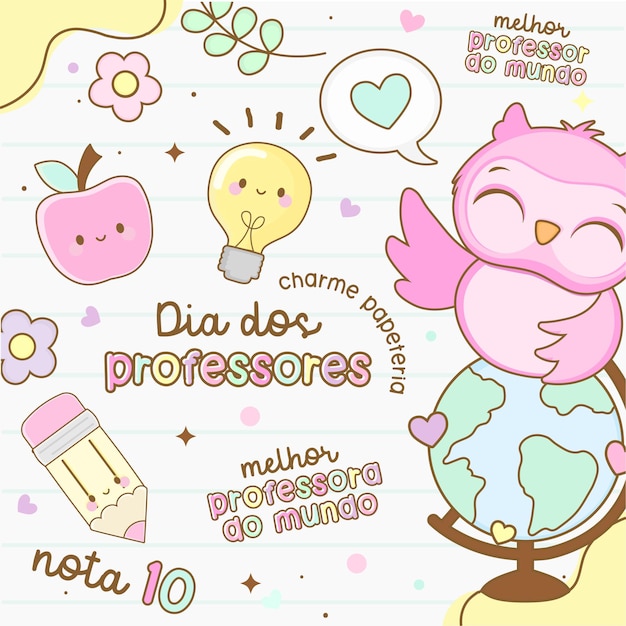 Desenhos animados bonitos coloridos desenhados à mão para professores com desenho de coruja no estilo kawaii