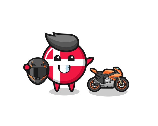 Desenhos animados bonitos da bandeira da dinamarca como um piloto de motocicleta