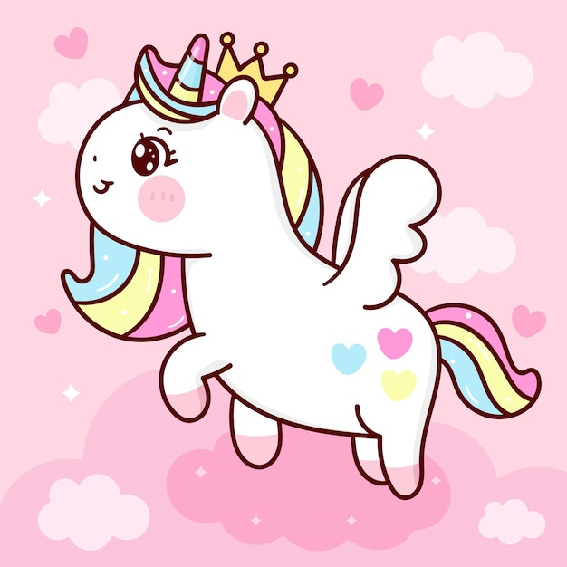 Desenhos animados bonitos de princesa unicórnio pégaso voam no céu animal kawaii