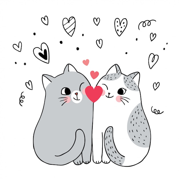 Desenhos animados bonitos dia dos namorados casal gatos e coração vector.