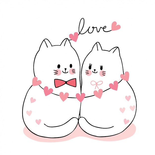 Desenhos animados bonitos dia dos namorados casal gatos e corações vector.