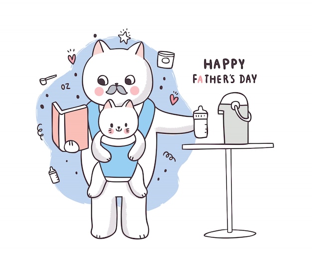 Desenhos animados bonitos dia dos pais, pai e bebê gato alimentam leite