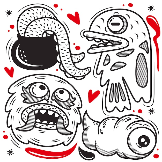 Desenhos animados bonitos do monstro do conjunto. ilustração do doodle, isolada no branco