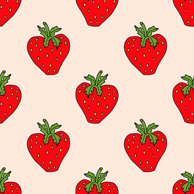 Desenhos animados bonitos doodle padrão sem costura morango vermelho fundo de frutas