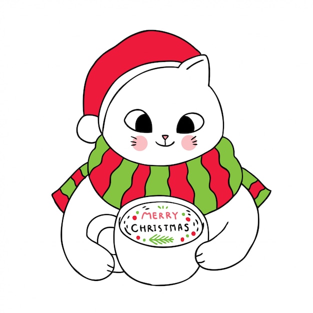 Desenhos animados bonitos gatos de natal bebendo café.