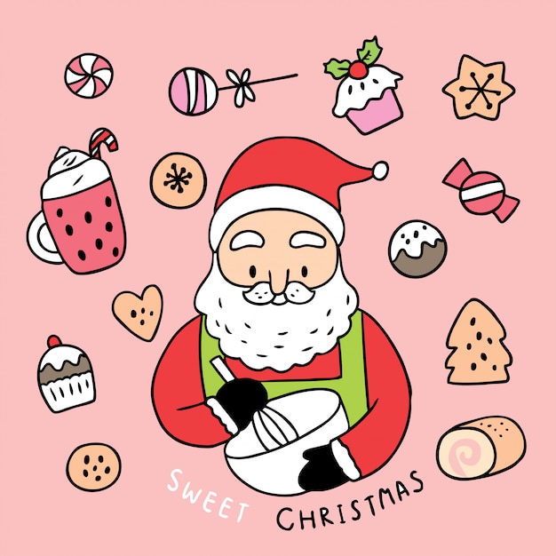 Desenhos animados bonitos natal papai noel e bolo doce.