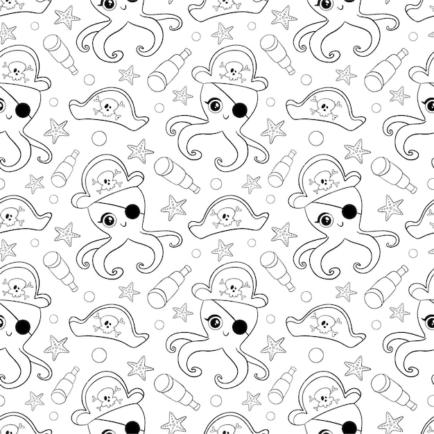 Desenhos animados bonitos piratas animais padrão sem emenda. doodle padrão de pirata de polvo. página para colorir de polvo pirata