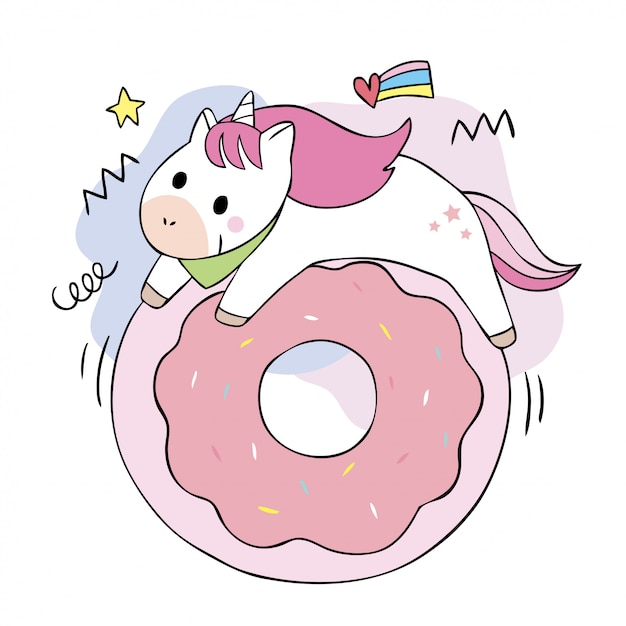 Desenhos animados bonitos unicórnios doces e grande donut.