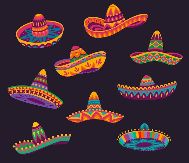 Vetor desenhos animados chapéus sombrero mexicanos com padrão étnico de cor, vetor de objetos de festa de feriado e fiesta do méxico. cinco de mayo carnaval mariachi músico sombrero de palha chapéus ou bonés festivos