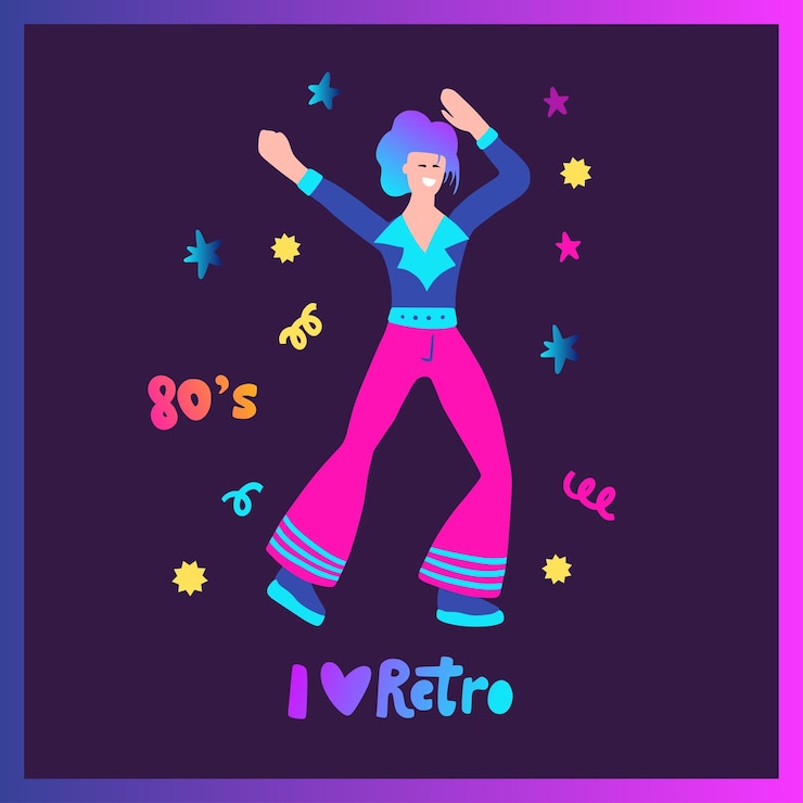 Vetor desenhos animados colorido festeiro dançarino de discoteca homem funky cartaz dos anos 80 amor retrô