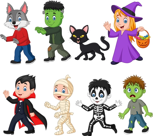 Desenhos animados crianças felizes com fantasia de halloween