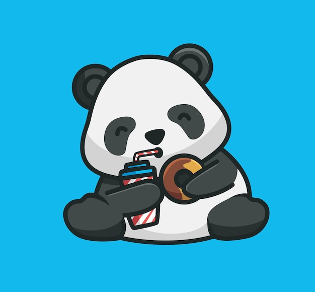 Desenhos animados cute panda segurando e comendo uma rosquinha com uma bebida. conceito de alimento animal dos desenhos animados ilustração isolada. estilo simples adequado para vetor de logotipo premium de design de ícone de etiqueta. personagem mascote