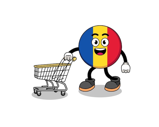 Desenhos animados da bandeira da romênia segurando um design de personagem de carrinho de compras