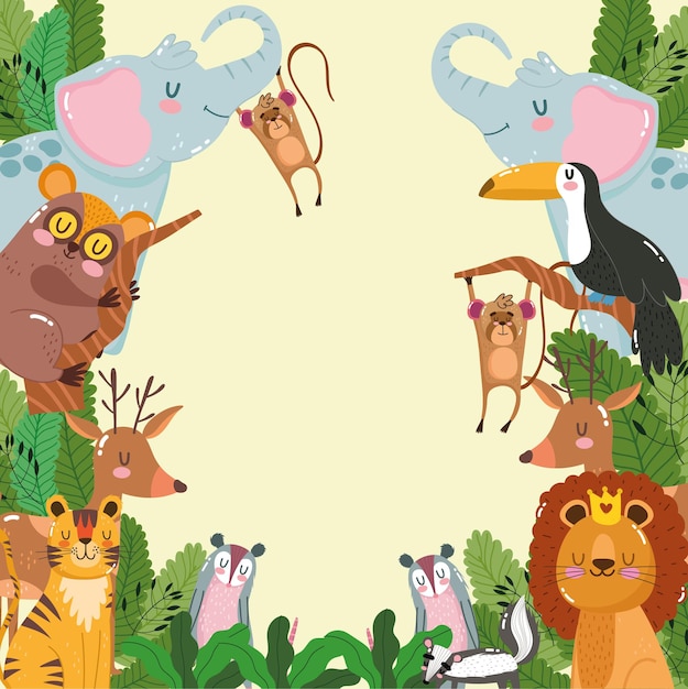 Desenhos animados da folhagem da selva de animais fofos