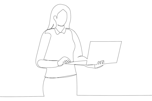 Desenhos animados da jovem empresária usando óculos segurando laptop na arte de linha contínua do escritório
