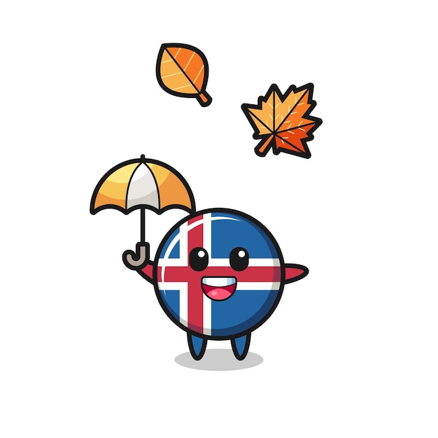 Desenhos animados da linda bandeira da islândia segurando um guarda-chuva no outono