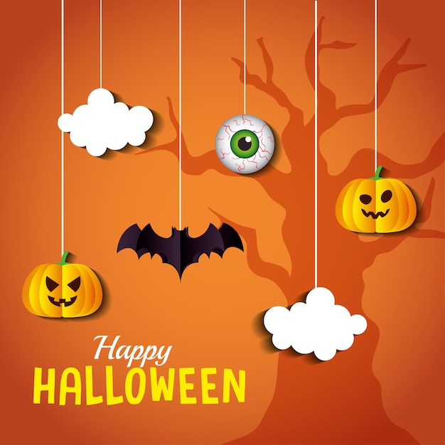 Desenhos animados de abóboras de Halloween nuvens olho e desenho pendurado morcego, feriado e tema assustador