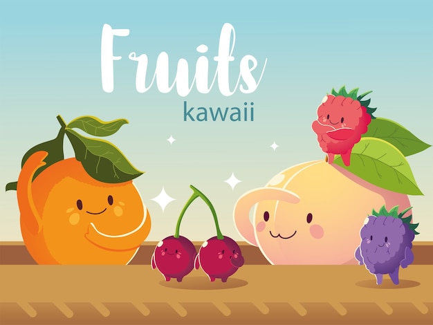 Desenhos animados de amoras pretas frutas kawaii rosto engraçado felicidade laranja pêssego cereja