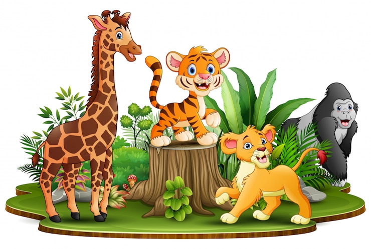 Vetor desenhos animados de animais selvagens no parque com plantas verdes