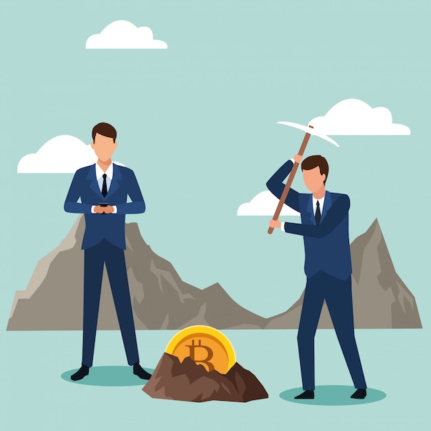 Desenhos animados de avatar de empresários à procura de bitcoins