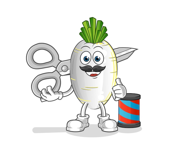 Vetor desenhos animados de barbeiro de rabanete branco. vetor de mascote de desenho animado
