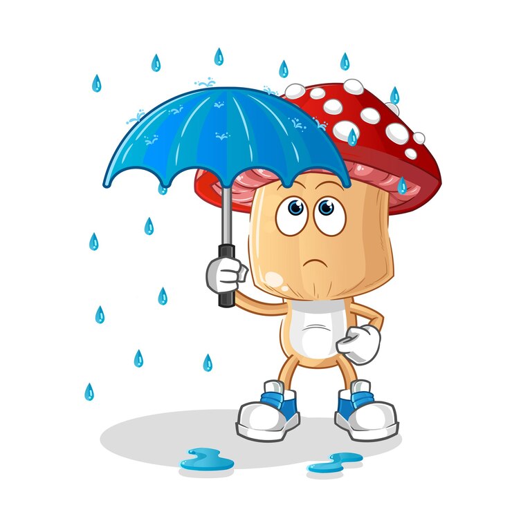 Vetor desenhos animados de cabeça de cogumelo vermelho segurando uma ilustração de guarda-chuva. vetor de caracteres