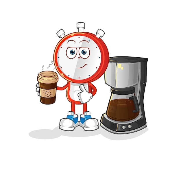 Desenhos animados de cabeça de despertador bebendo vetor de personagem de ilustração de café