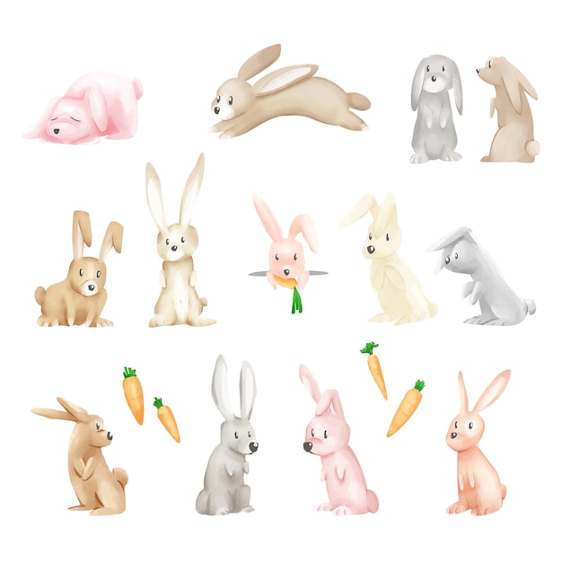 Desenhos animados de coelhos bebês posando em fundo branco ilustração aquarela estilo engraçado bonito