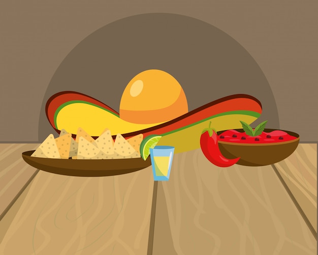 Vetor desenhos animados de comida mexicana deliciosa na mesa do restaurante