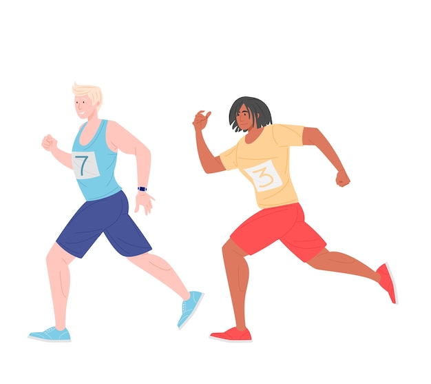 Desenhos animados de corredores masculinos em roupas esportivas elegantes na maratona
