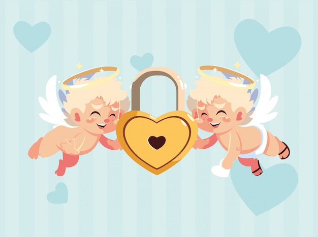 Desenhos animados de cupidos loiros feliz dia dos namorados com cadeado