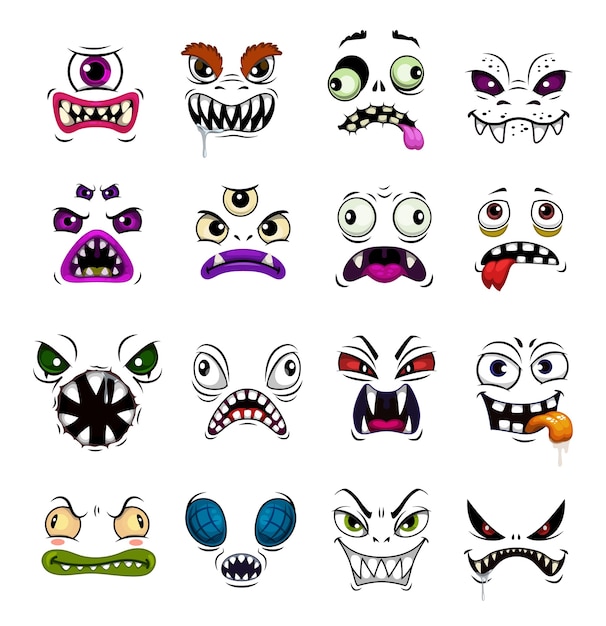 Desenhos animados de emoticons engraçados de cara de monstro. rostos de terror de zumbis, demônios ou fantasmas, demônios, vampiros ou animais de halloween com emoções diferentes, avatares assustadores com boca aberta e olhos malignos