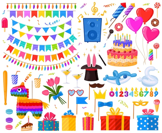 Desenhos animados de festa surpresa de feliz aniversário presentes e doces. bolo de aniversário, presentes e conjunto de ilustração vetorial pinata. símbolos de celebração de festa de aniversário