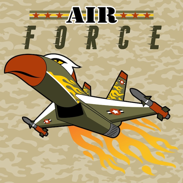 Vetor desenhos animados de fighter jet with flame on camouflage background