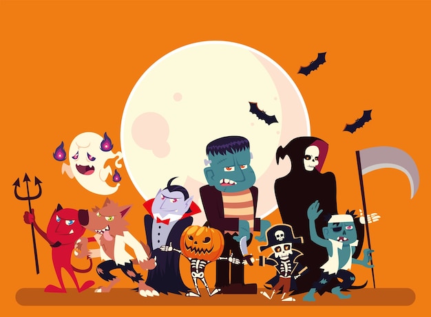 Desenhos animados de Halloween com design de lua e morcegos, férias e ilustração de tema assustador