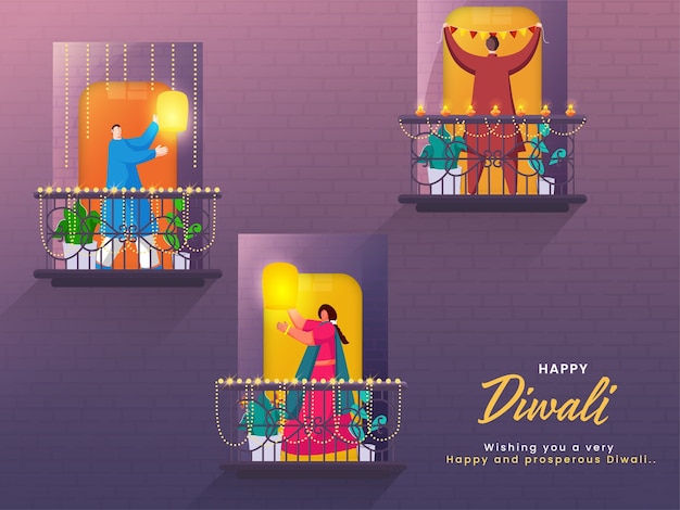 Desenhos animados de homem e mulher em pé na varanda decorativa para feliz celebração de diwali.