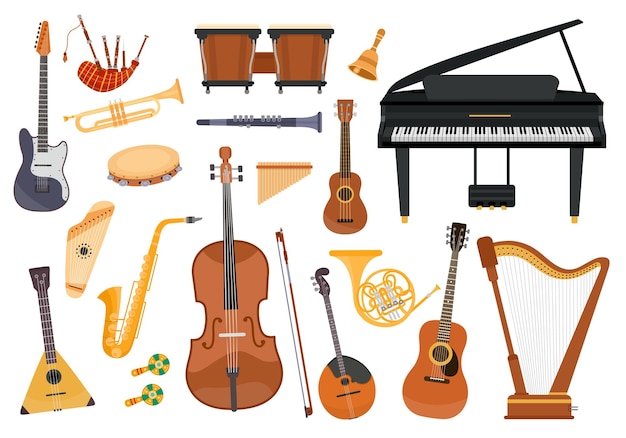 Desenhos animados de instrumentos de música clássica, piano, trombone e harpa. Conjunto de equipamentos de orquestra folclórica, pandeiro, gaita, cavaquinho e vetor de guitarra