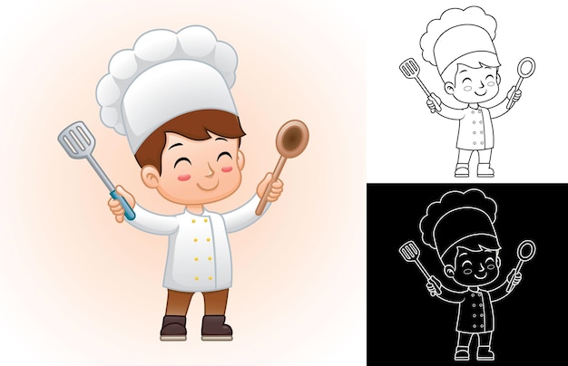 Desenhos animados de menino de uniforme de chef segurando colher e espátula