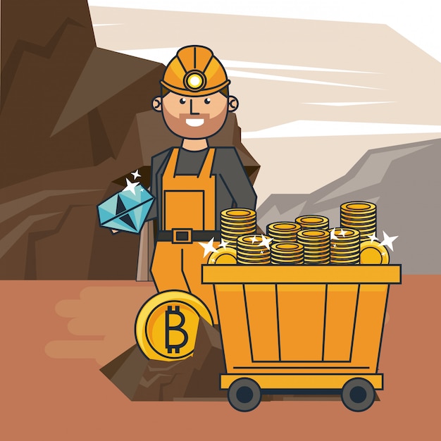 Vetor desenhos animados de mineração bitcoin