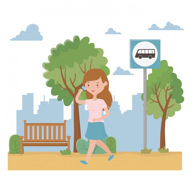 Desenhos animados de mulher e design de parada de ônibus