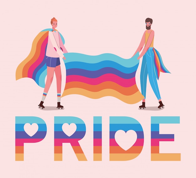 Desenhos animados de mulher e homem com design de texto e bandeira de orgulho lgtbi