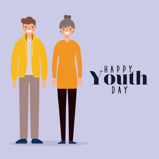 Desenhos animados de mulher e homem sorrindo do projeto feliz dia da juventude, tema de férias e amizade jovem.