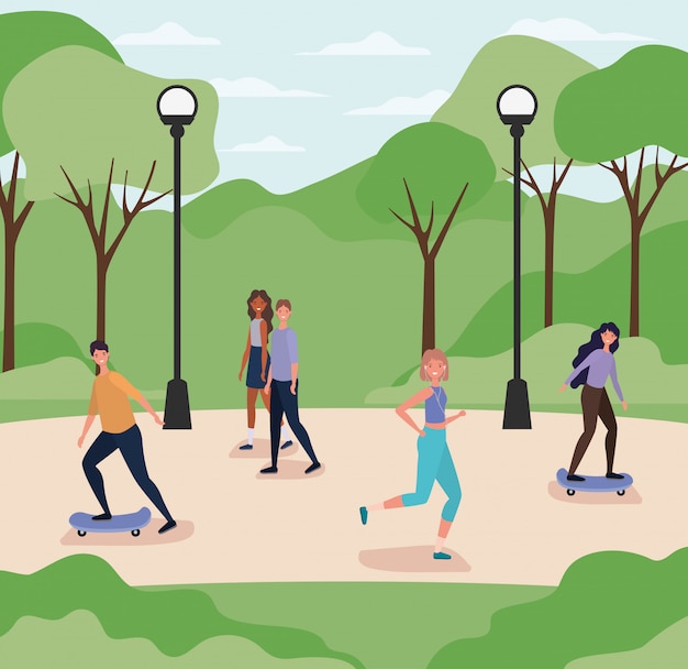 Desenhos animados de mulheres e homens correndo e andando de skate no parque com lâmpadas