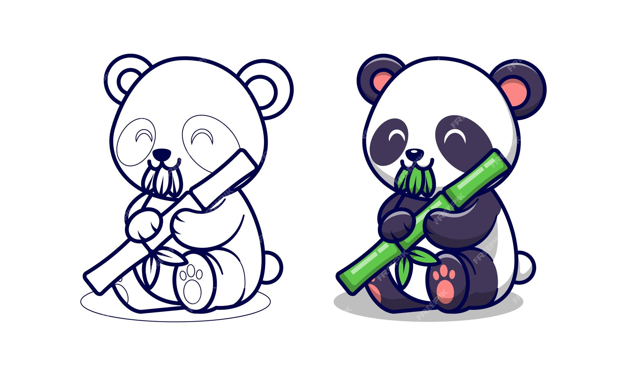 Desenhos animados de panda comendo bambu para colorir para crianças