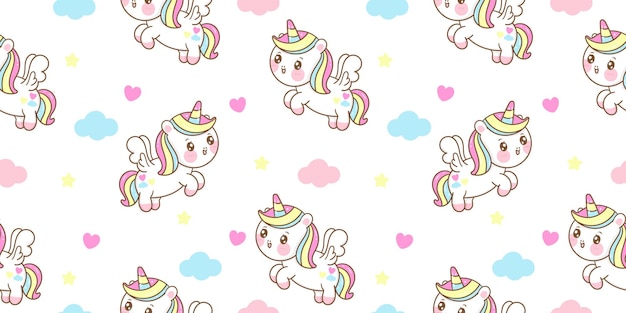Desenhos animados de pégaso de unicórnio fofo padrão sem emenda voar com animal kawaii nuvem