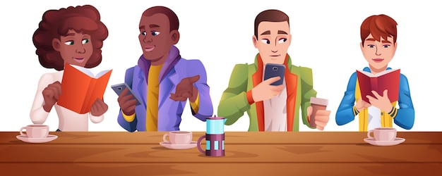 Desenhos animados de pessoas em um café tomando café, lendo e usando o telefone