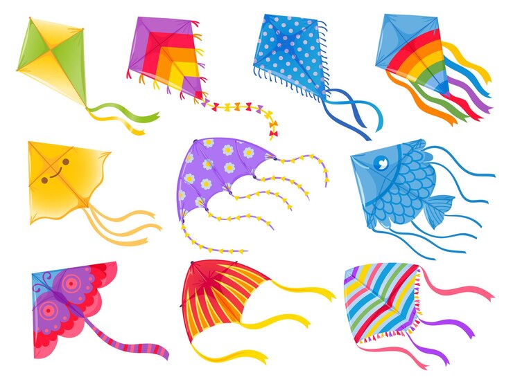 Vetor desenhos animados de pipas. brinquedo voador do vento com fita e cauda para crianças. makar sankranti. conjunto de vetores de forma e design de pipa de borboleta, peixe e arco-íris. jogo de pipa de vento de ilustração, brinquedo voador de verão